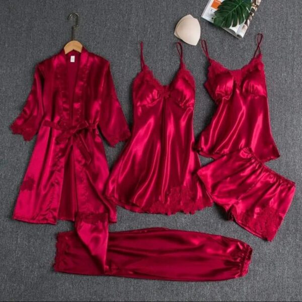 5 Pcs Silk Plain Comfortable And Lightweight Nightwear Set (Size and colour DM)