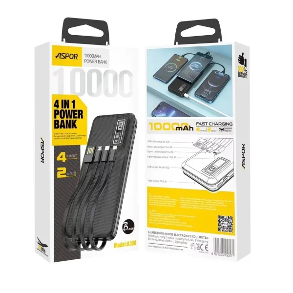 Aspor A300 10000mAh Power Bank – 4-in-1 Li-Polymer – Black – Original