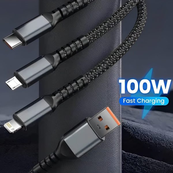 Gamen 3-in-1 100W Fast Charging Cable – Nylon Braided, Type-C & Micro USB – With Box